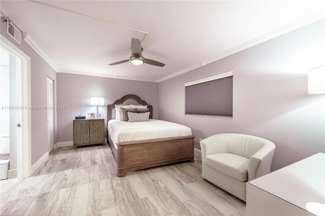 bedroom with light wood-type flooring, ceiling fan, and crown molding