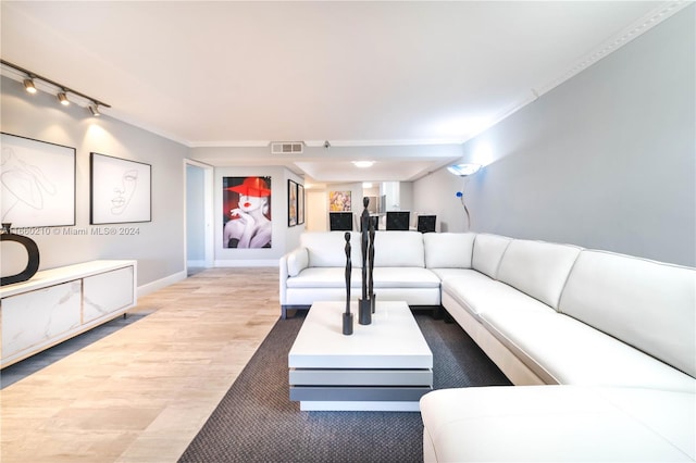 living room with ornamental molding, wood-type flooring, and track lighting