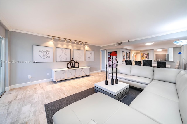 living room with rail lighting, crown molding, and hardwood / wood-style floors