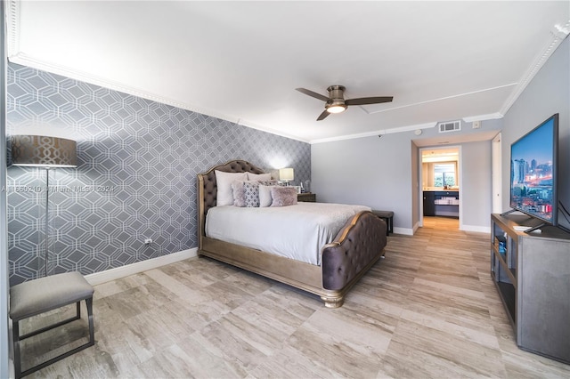 bedroom with ornamental molding, ceiling fan, and light hardwood / wood-style flooring