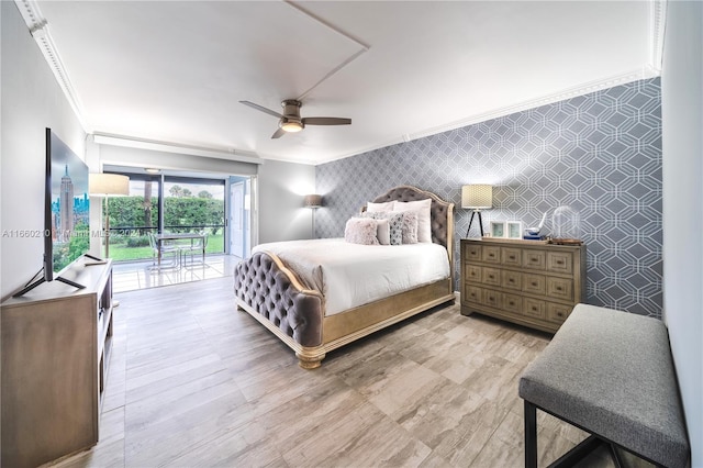 bedroom with ceiling fan, light wood-type flooring, crown molding, and access to outside