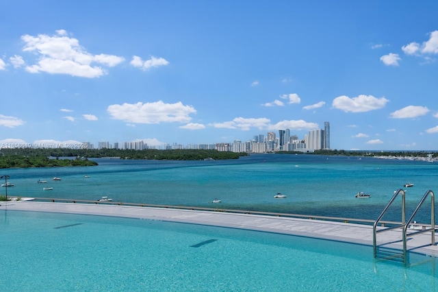 view of pool featuring a water view