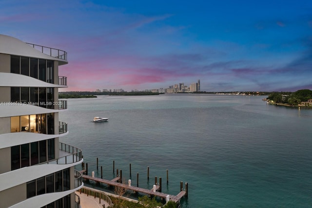 property view of water with a dock