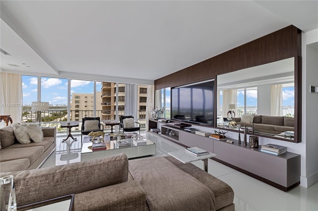 living room with a wall of windows