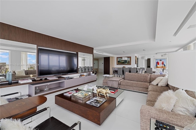 tiled living room with wooden walls