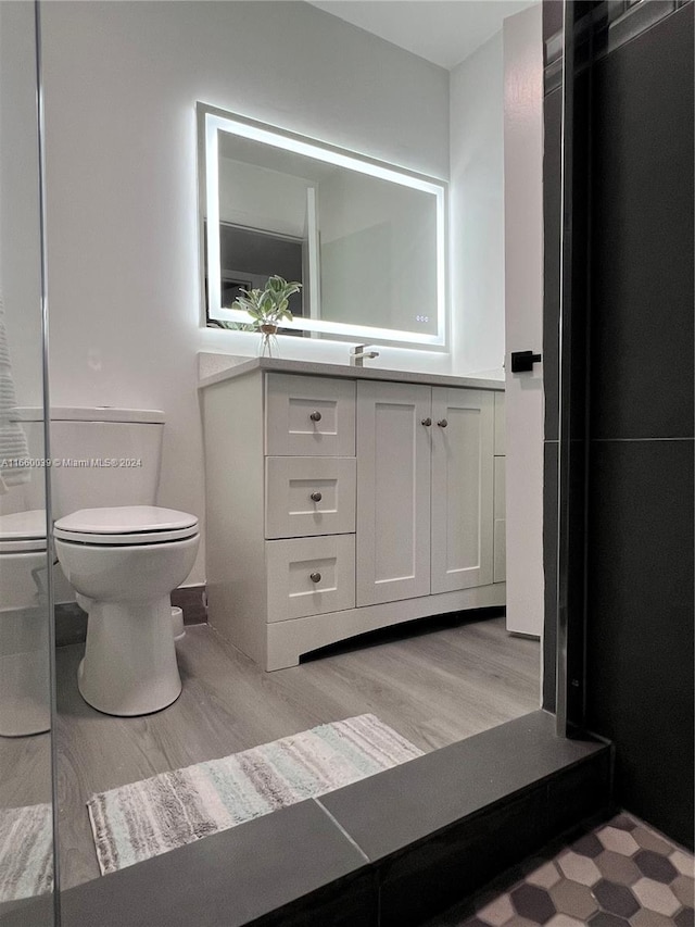 bathroom featuring toilet, hardwood / wood-style floors, and vanity