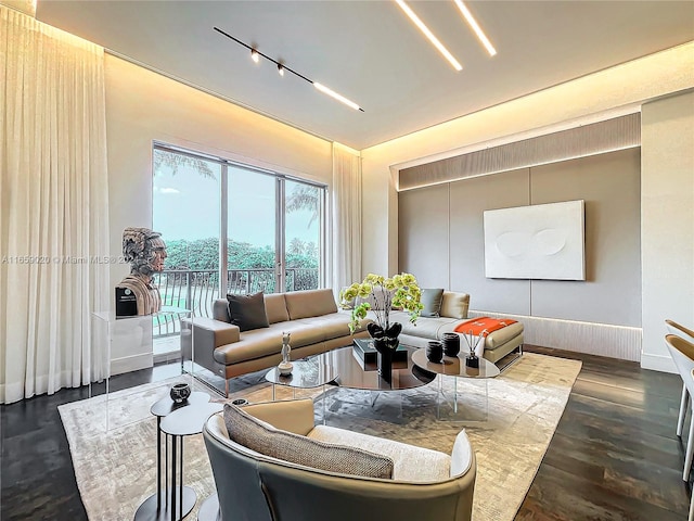 living room with dark hardwood / wood-style flooring