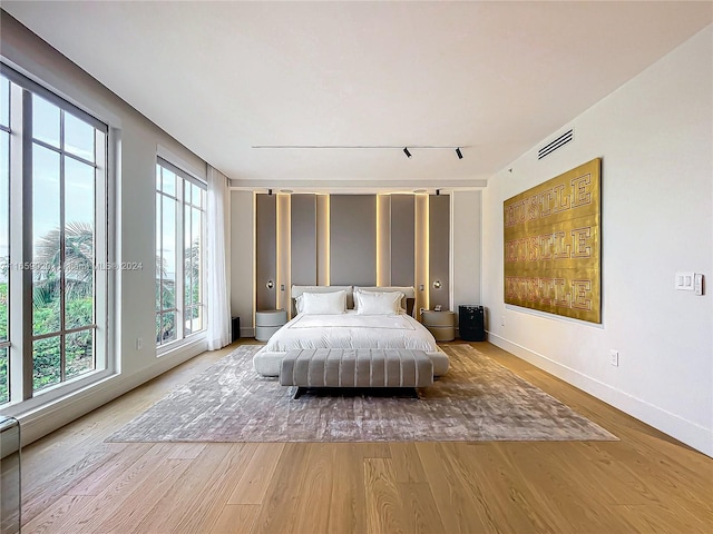 bedroom featuring light hardwood / wood-style flooring and track lighting