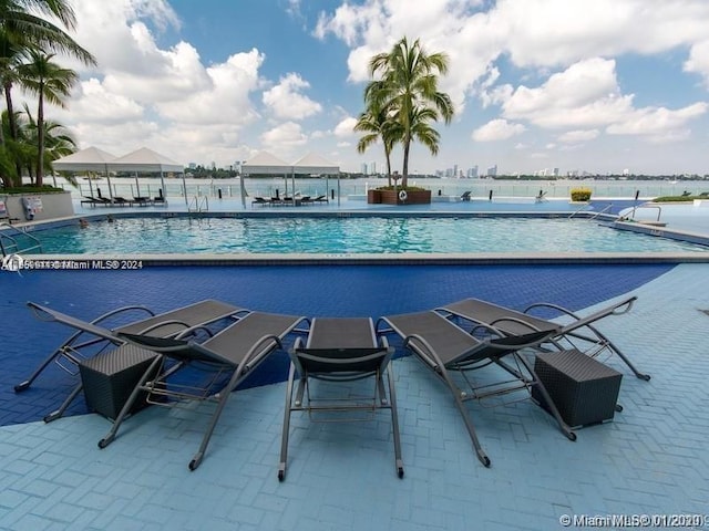 view of swimming pool with a water view and a patio