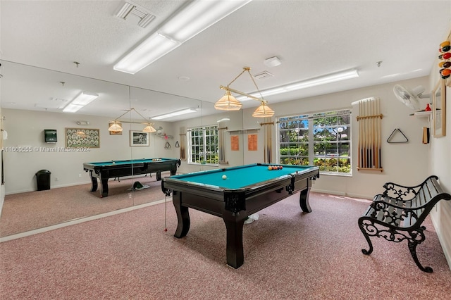 rec room featuring carpet floors, a textured ceiling, and pool table