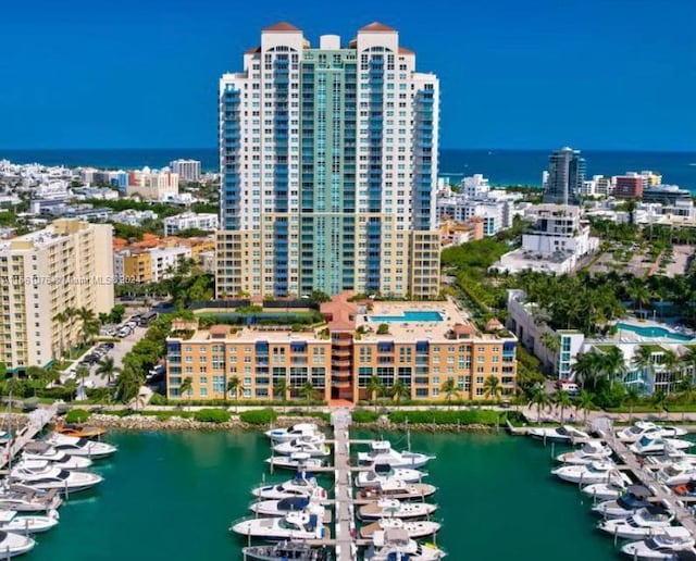 drone / aerial view with a water view