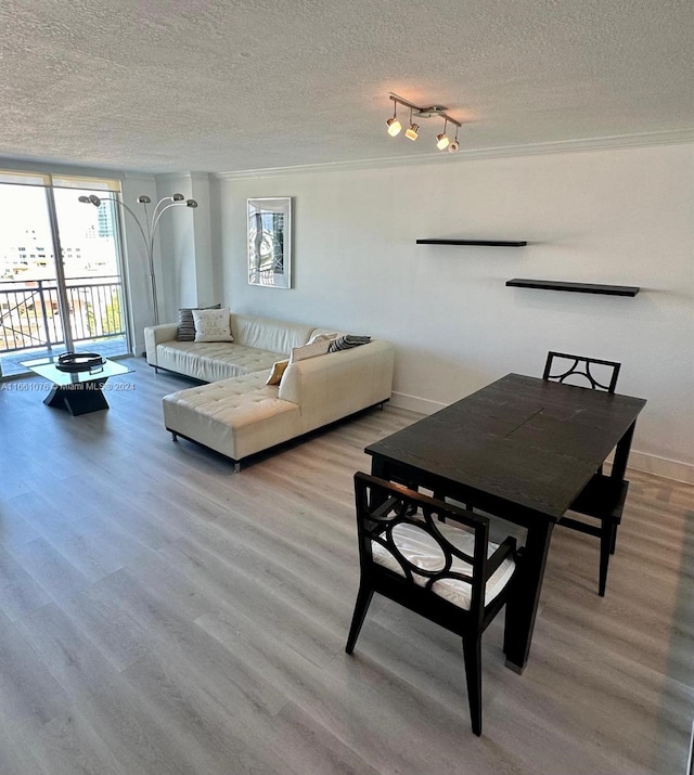 dining room featuring light hardwood / wood-style flooring and a textured ceiling