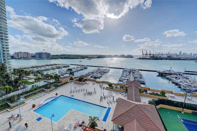 view of pool with a water view