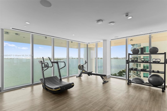 exercise room featuring floor to ceiling windows, a water view, hardwood / wood-style flooring, and plenty of natural light