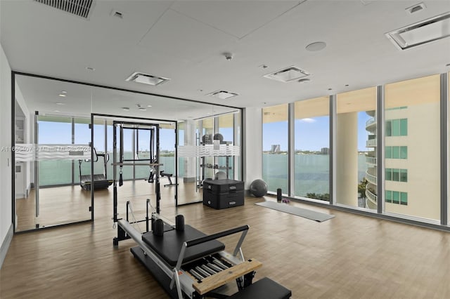 exercise room featuring expansive windows, wood-type flooring, and a water view