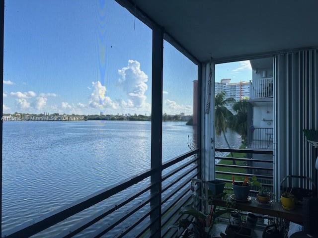 interior space with a water view