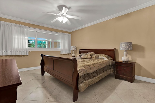 bedroom featuring ornamental molding, ceiling fan, and light tile patterned flooring