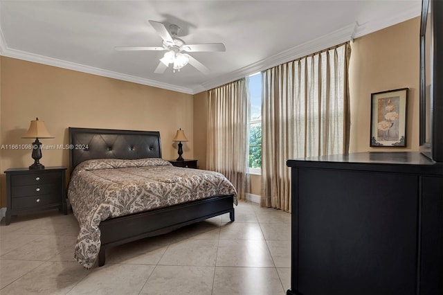 bedroom featuring ceiling fan, crown molding, and light tile patterned floors