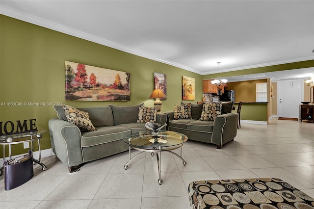 tiled living room with an inviting chandelier and crown molding