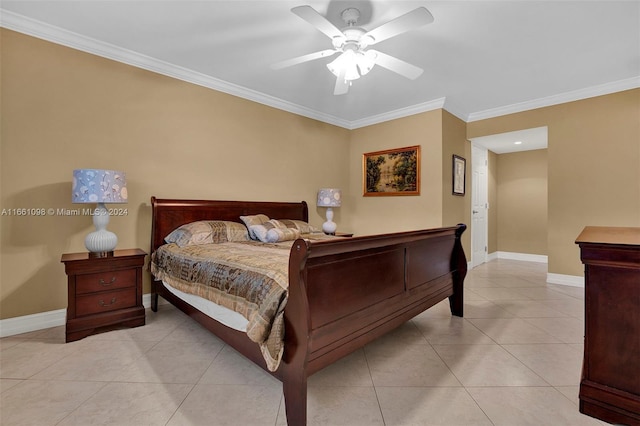 bedroom with ceiling fan, light tile patterned floors, and ornamental molding