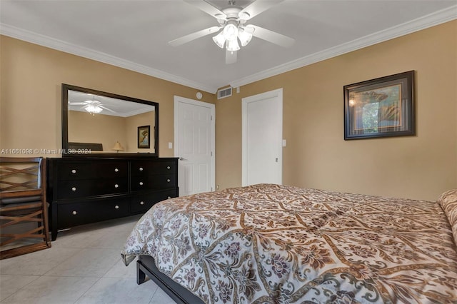 bedroom with light tile patterned floors, ornamental molding, and ceiling fan