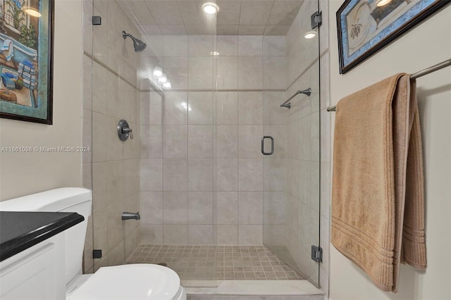 bathroom with vanity, toilet, and a shower with shower door