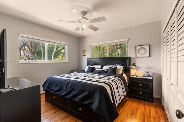 bedroom featuring wood-type flooring, ceiling fan, and a closet