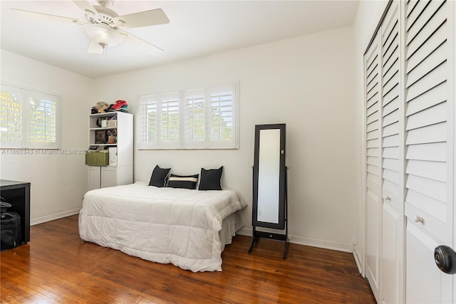 bedroom with multiple windows, ceiling fan, and dark hardwood / wood-style flooring