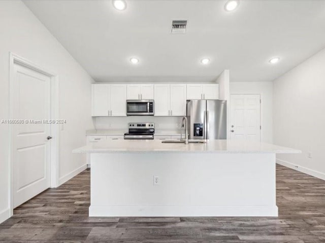 kitchen with appliances with stainless steel finishes, white cabinetry, an island with sink, dark hardwood / wood-style floors, and sink