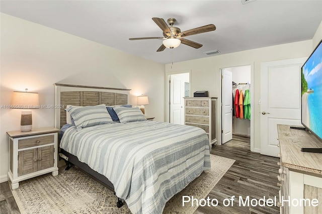 bedroom featuring ceiling fan, a closet, dark wood-type flooring, and a spacious closet