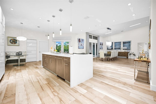 kitchen featuring light hardwood / wood-style floors, decorative light fixtures, a spacious island, and sink