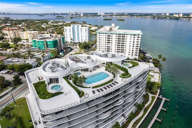 drone / aerial view featuring a water view