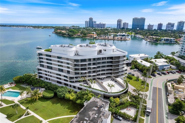 drone / aerial view featuring a water view