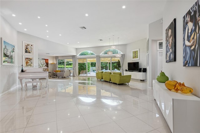 living room featuring light tile patterned floors