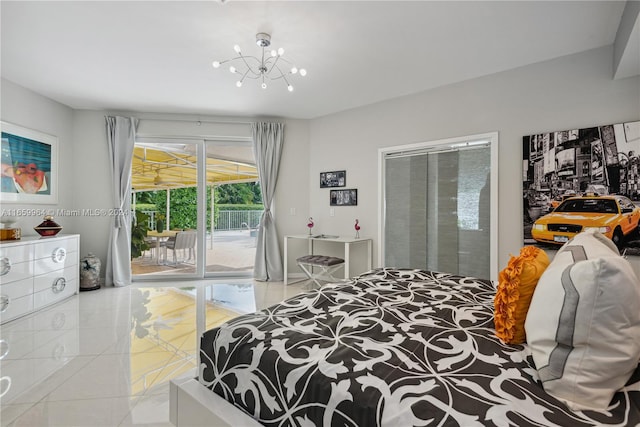 tiled bedroom with a chandelier and access to outside