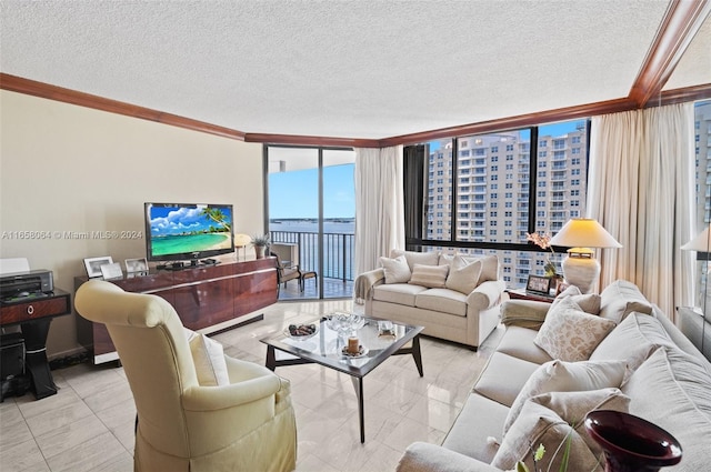 living room with a textured ceiling, crown molding, and expansive windows