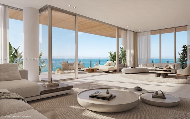 living room with a water view and floor to ceiling windows