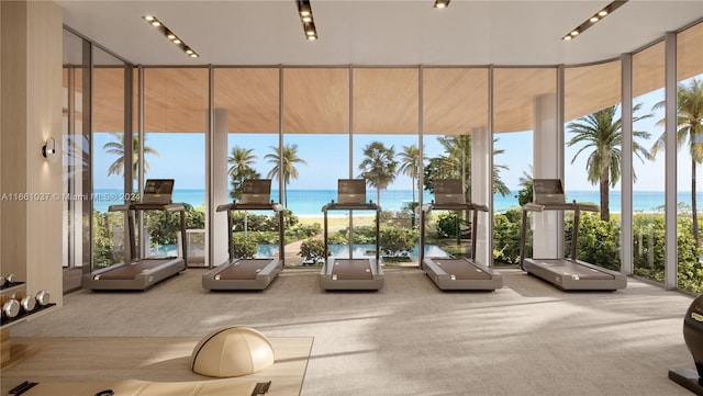 exercise room with carpet floors, a water view, and floor to ceiling windows