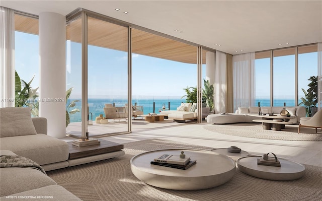 living room featuring floor to ceiling windows and a water view