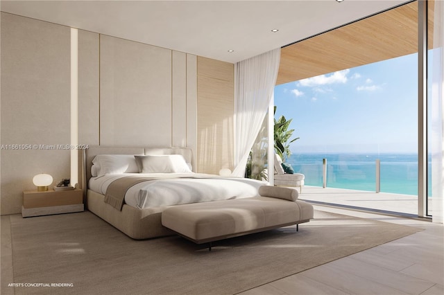 bedroom with wood-type flooring, a water view, and floor to ceiling windows