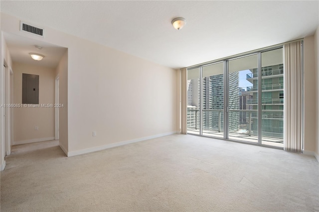 spare room featuring electric panel and light carpet