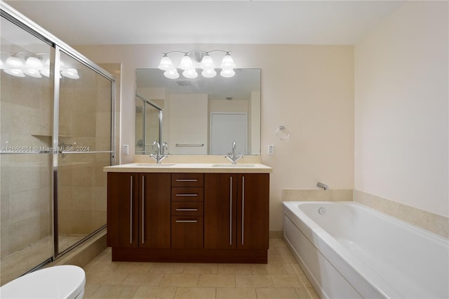 full bathroom with tile patterned flooring, vanity, toilet, and plus walk in shower