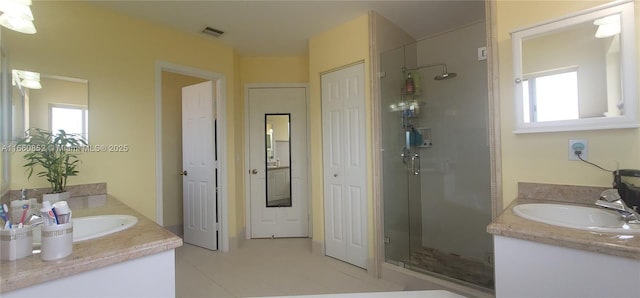 bathroom featuring a closet, visible vents, a stall shower, and vanity