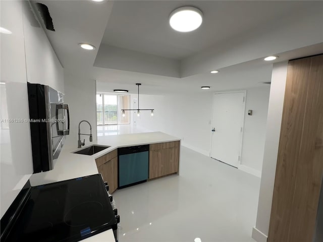 kitchen with kitchen peninsula, dishwasher, black range with electric cooktop, pendant lighting, and sink