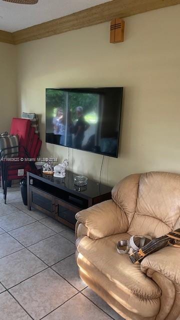 tiled living room with crown molding