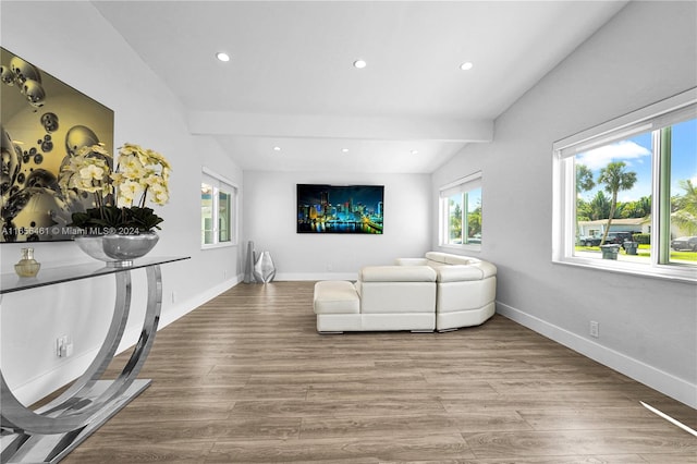 living room featuring wood-type flooring and lofted ceiling with beams