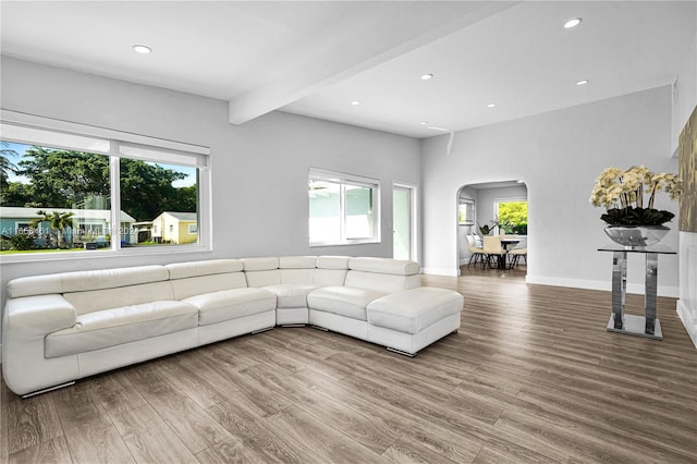 living room with wood-type flooring and beamed ceiling