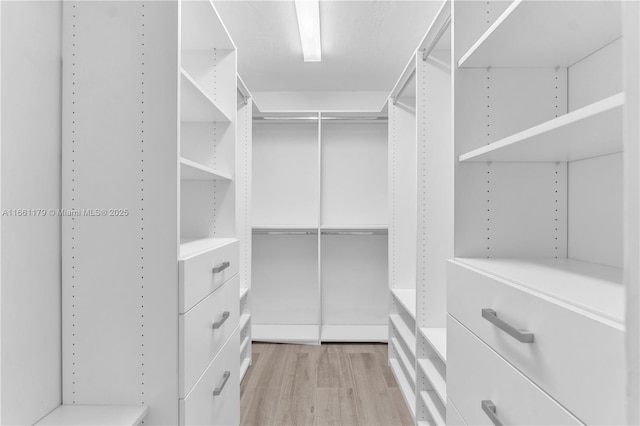 walk in closet with light hardwood / wood-style flooring