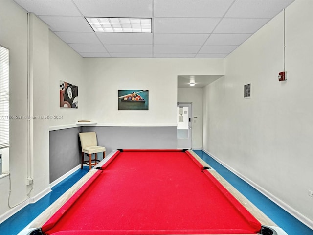 playroom featuring billiards and a paneled ceiling