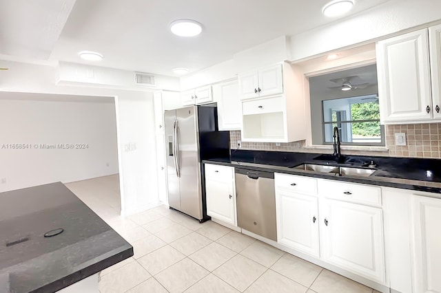 kitchen featuring ceiling fan, sink, tasteful backsplash, white cabinetry, and stainless steel appliances